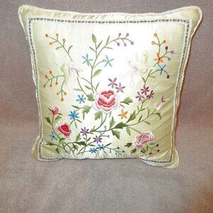 Vtg Embroidered Accent Throw Pillow Satin Floral Cottagecore Boudior Regency MCM